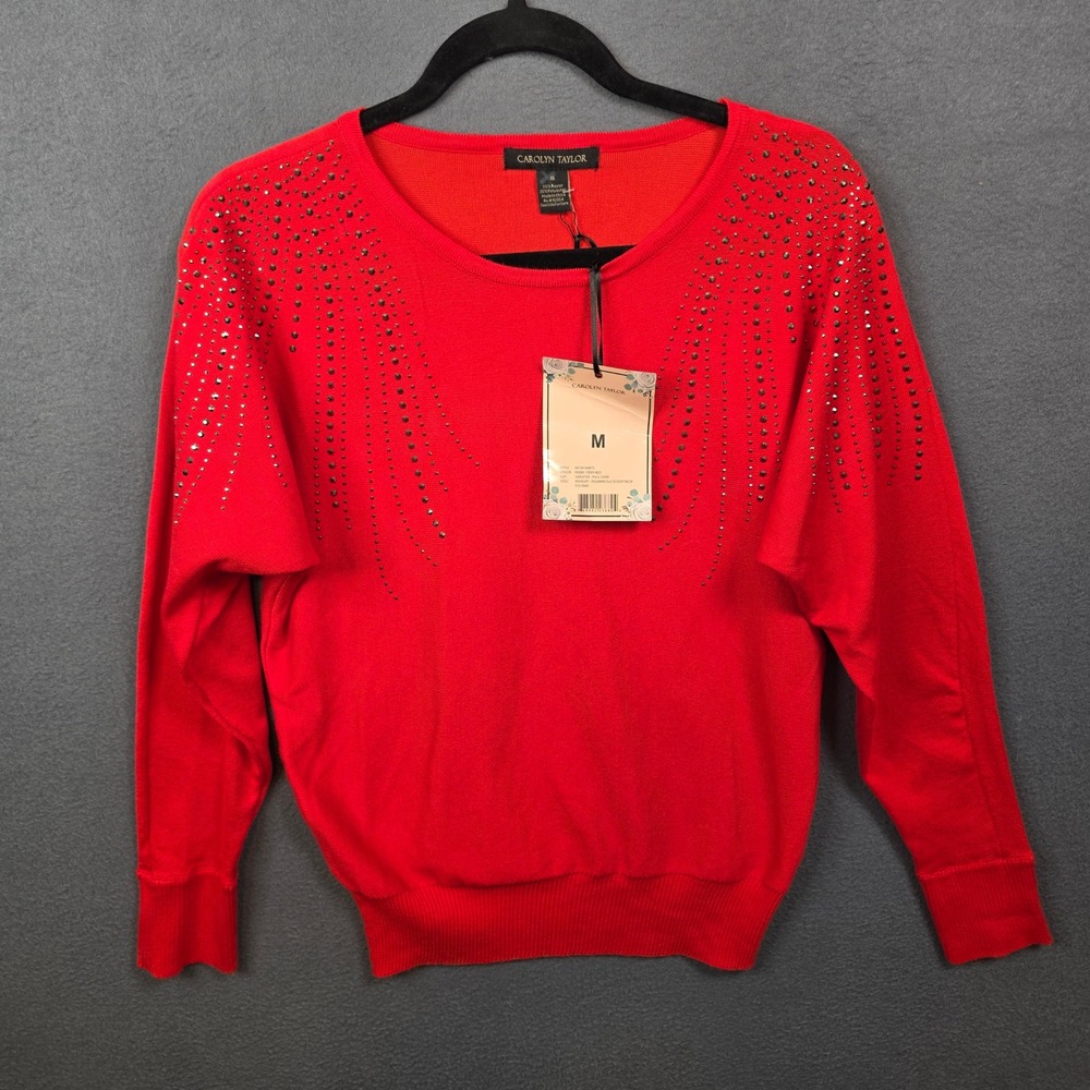 Carolyn Taylor Red Studded Long Sleeve Knit Sweater Womens Medium NWT